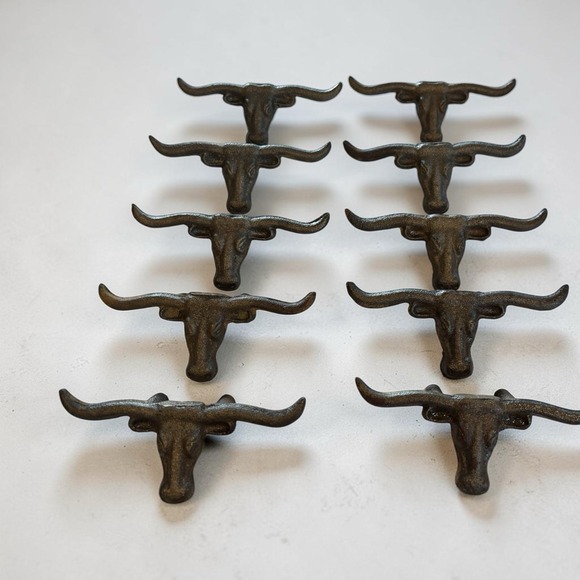 Other - 10 RUSTIC LONGHORN STEER DRAWER HANDLES PULLS 4 1/2" CAST IRON COW BULL BIN HORN